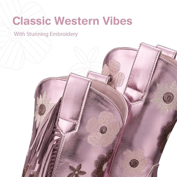 Girls Purple Cowgirl Boots With Tassel Floral Embroidered Kids Western Boots - Picture 3 of 5